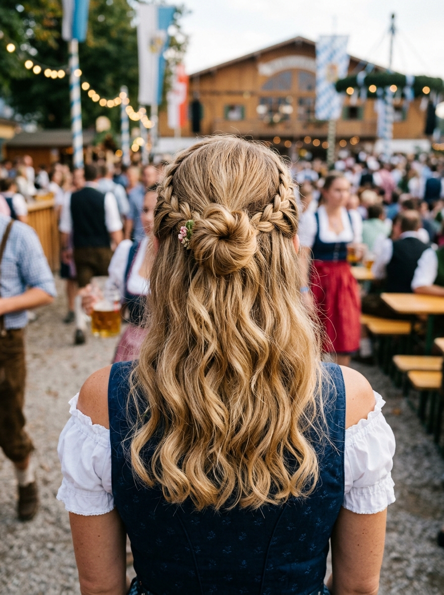 Half-Up Bun mit kleinen Braids als Oktoberfest Frisuren Inspiration 2026
